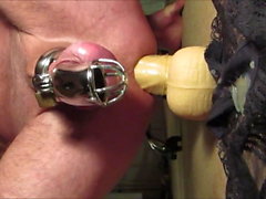 Prostate Milking in Chastity with Huge Dildo