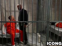 Mature bold dude fucks sexy twink hard in a prison cell