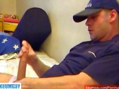 The delivery guy get wanked his huge cock by a guy in spite of him.