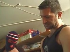 Innocent yet horny gay double fucked in dirty stock room