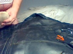 Cum on vintage leather biker jacket wearing two dirty thongs