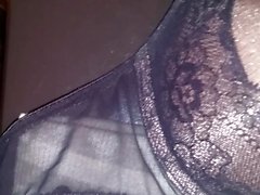 Cum on Bailey's black thong and skirt and bra