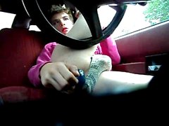 sissy play with dildos and self facial in car