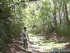 Twinks bareback in woods