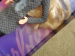 Blonde Barbie in Tight Dress and Nylons Gets Covered in Jizz