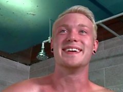 Big cock solo blonde strokes in the shower