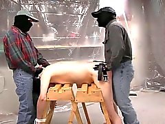Gay is tied to workhorses and gets spanked and fucked from both ends
