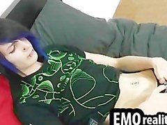 Sexy skinny emo twink talks to the camera and strips