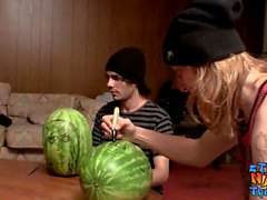 Straight inked guys fuck watermelons until cumming